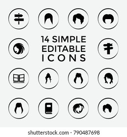 Set of 14 different filled icons such as woman hairstyle, direction