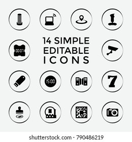 Set of 14 digital filled icons such as business center building, qr code, joystick, cpu, laptop, flash drive, security camera, camera, server, digital clock, stamp, 7 number