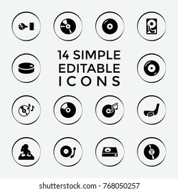 Set of 14 disc filled icons such as disc, dj, dvd player, cd, gramophone, hockey puck