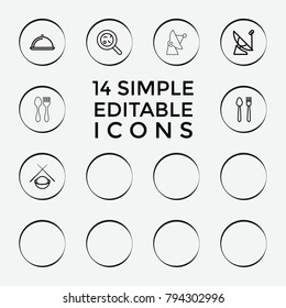 Set of 14 dish outline icons such as soup, plate fork and knife, bacteria, plate with spoon and fork, satellite, pie, dish, dish serving, kebab