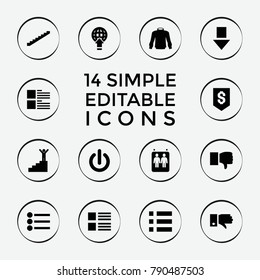 Set of 14 down filled icons such as stairs, dislike, menu, arrow down, globe download, man on stairs, switch off, elevator, dollar down