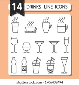 Set of 14 drinks line icons