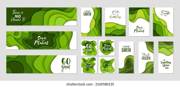 Set of 14 Earth Day abstract graphic organic paper cut shapes. Dynamical waves, fluid. Green banners with flowing lines. Template for banners, flyers or presentation eco typography. 