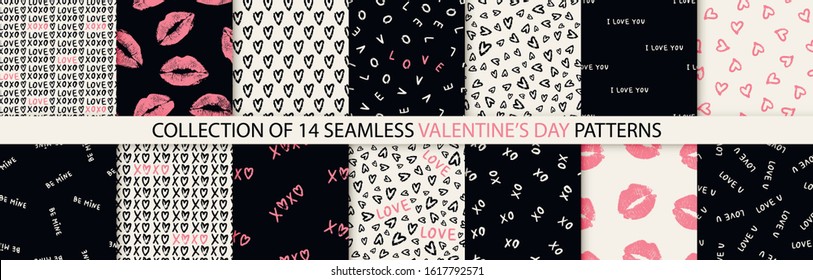 Set of 14 elegant seamless patterns with hand drawn decorative hearts, design elements. Romantic patterns for wedding invitations, greeting cards, scrapbooking, print, gift wrap. Valentines day