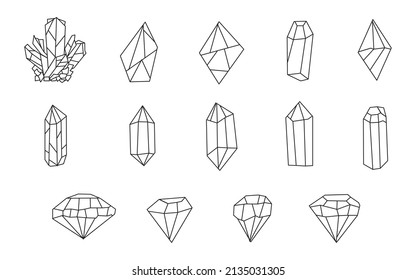 set of 14 elements of a clipart with hand-drawn crystals and diamonds. For the scheduler, the log. Hand-drawn design. Cute vector illustration design