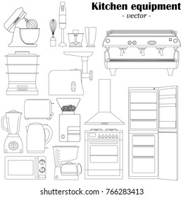 Set of 14 elements of the kitchen equipment for design. Black-and-white illustrations.