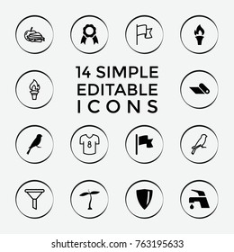 Set of 14 emblem filled and outline icons such as plant, sparrow, tap, shield, ribbon, torch, flag, carpet, filter, sandwich and apple