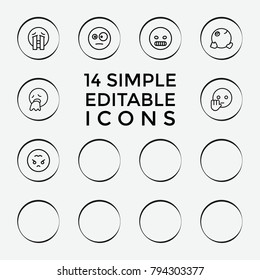 Set of 14 expression outline icons such as sad emot, cool emot in sunglasses, crying emoji, angry emoji, dancing emoji