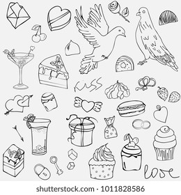 Set of 14 february and Valentine's Day graphic elements: cocktails, heart, doves, cupcakes .Vector illustration Hand drawn sketch  