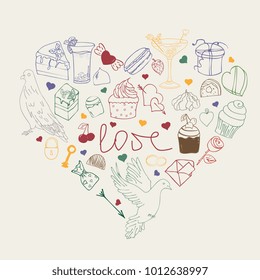 Set of 14 february and Valentine's Day graphic elements: cocktails, heart, doves, cupcakes .Vector illustration Hand drawn sketch  