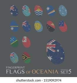 Set of 14 fingerprints colored with the national flags of the countries of Oceania. Icon set Vector Illustration.