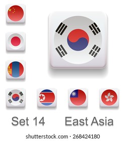 Set 14. Flags of the countries of East Asia. Flag in the form of computer button. All elements and textures are individual objects. Each image has a name. infograph  Illustration. Vector. Icon.