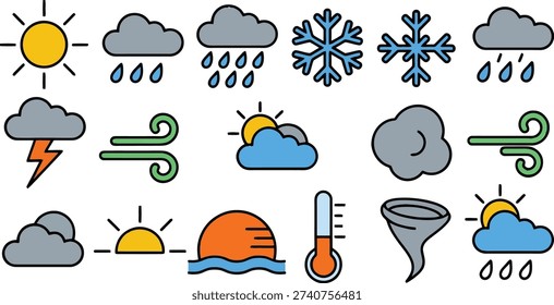 A set of 14 flat-line nature icons featuring trees, recycling symbols, and renewable energy. Perfect for sustainability branding, environmental infographics, and eco-friendly web design.