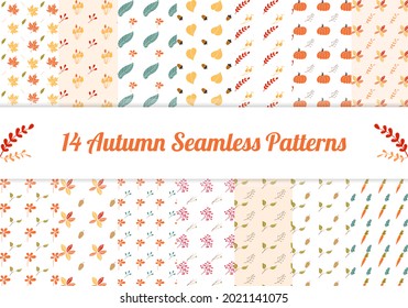Set of 14 floral autumn seamless patterns. Seamless background with fall leaves, fall flower and fall vegetable. Set of seasonal floral wallpapers. Colorful cartoon illustration in flat design.