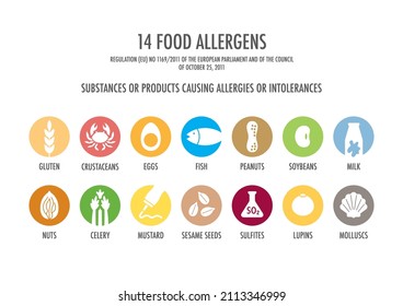 Set of 14 food allergen vector icons in color