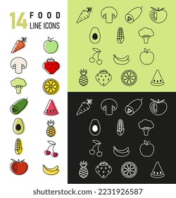 Set of 14 food line vector icons of popular vegetables and fruits in colored, black and white designs on different backgrounds