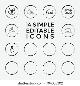 Set of 14 forest outline icons such as tree, bear, hedgehog, deer, christmas tree, pine tree