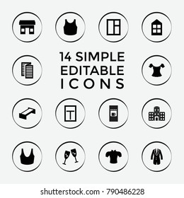 Set of 14 front filled icons such as garden bench, window, sport bra, blouse, store, glasses clink, hospital building, jacket, vending machine