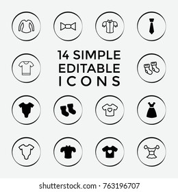 Set of 14 garment filled and outline icons such as baby socks, baby onesie, dress, blouse, t-shirt with heart, tie, bow tie