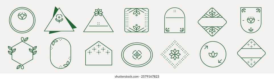 Set of 14 geometric floral frames in green. Includes circles, triangles, and diamonds. Minimalist floral designs, perfect for elegant invitations and decor. Element with copy space, vector set.