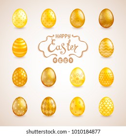 Set of 14 glossy realistic golden Easter eggs with different patterns. The words "Happy Easter". Template for greeting cards, calendars, banners, posters, invitations. Vector illustration