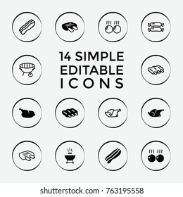 Set of 14 grilled filled and outline icons such as sausage, barbeque, chicken, bacon, meat