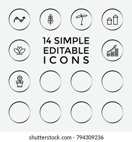Set of 14 grow outline icons such as graph, plant, arrow up, hair removal, money growth, watering can, flower pot