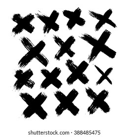 Set of 14 grunge black abstract textured vector crosses. Vector design grunge elements. Vector abstract crosses. Vintage vector shapes. Retro vector shapes.