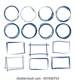set of 14 grunge  frames, hand drawn highlight circles, rectangles