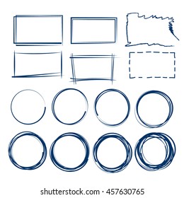 set of 14 grunge  frames, hand drawn highlight circles, rectangles