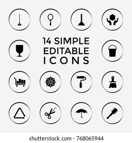 Set of 14 handle filled icons such as bucket, brush, hoe, fragile cargo, handle with care, scissors, triangle musical instrument, umbrella, paint roller, mace, mirror, plunger