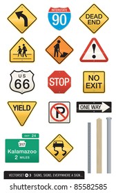 Set of 14 Highway Sign Vectors. Includes three interchangeable post designs. Editable colors and shapes. 