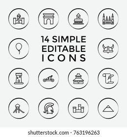 Set of 14 history outline icons such as castle, pyramid, arc de triomphe, temple, baloon, feather and paper, knight, catapult