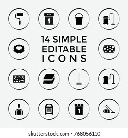 Set of 14 housework filled icons such as bucket, sponge, vacuum cleaner, roller, washing machine on sale, dustpan