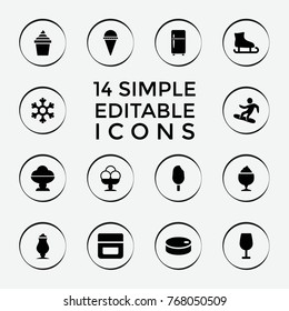 Set of 14 ice filled icons such as cream, cocktail, ice cream, milkshake, snowflake, snowboard, hockey puck