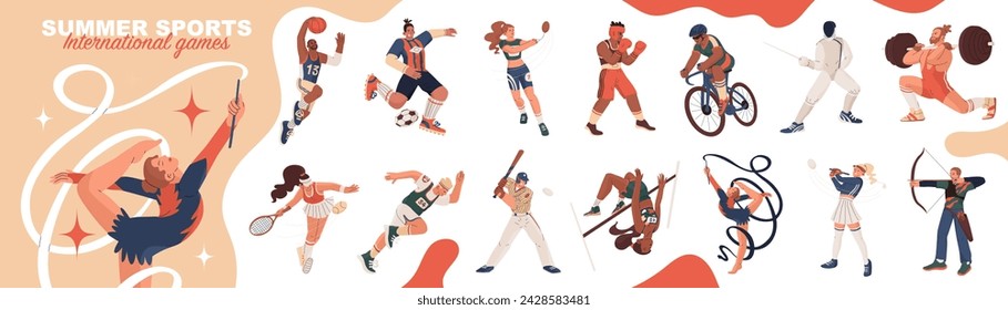 Set of 14 images of athletes. Summer international sports. Strong people achieving success. Vector illustration in flat style isolated on transparent background.