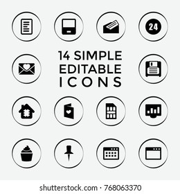 Set of 14 information filled icons such as laptop, muffin, cpu in house, love letter, diskette, chart on display, browser window, letter, sim card, document, 24 hours