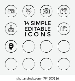 Set of 14 inspiration outline icons such as gear in head, puzzle, bulb heart, bulb, camera, keyhole in head