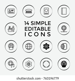 Set of 14 international outline icons such as globe in gear, user globe, pass control, passport, airport, hoop, cpu planet, international music