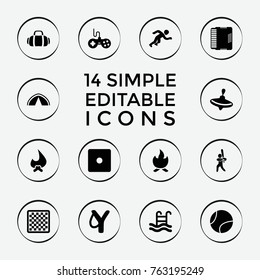 Set of 14 leisure filled icons such as whirligig, joystick, dice, chess board, sligshot, bonfire, harmonic, swimming pool, baseball player, sport bag, running, tennis ball