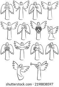 Set of 14 line art angels, in different poses or holding different objects for various occasions and celebrations.