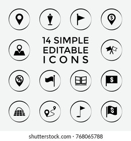 Set of 14 location filled icons such as flag, location, flag with dollar, distance, move on map, photo album