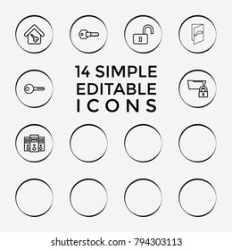 Set of 14 lock outline icons such as shield, lock, heart key, keyhole, server, folder protection, home key, key