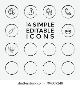 Set of 14 logo outline icons such as dove, hippopotamus, maid, soup, globe dollar, drop counter, chopping board, muscular arm, horse chess, lion, elephant, tweezers