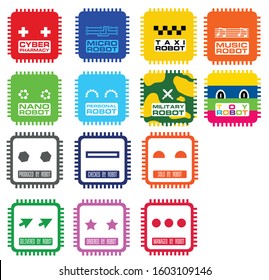 Set of 14 logos on RPA topic made in same common style for different areas. Vector.