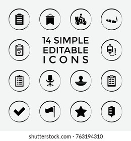 Set of 14 mark filled icons such as cigarette, check list, checklist, drop counter, courier on motorcycle, star, tick, flag, clipboard, office chair