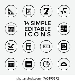 Set of 14 math filled icons such as 7 number, calculator, abacus, mathematical square, minus, protractor, square root, triangle, circle
