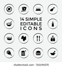 Set of 14 meal filled icons such as bowl, beef, turkey, porridge, cake, burger, ketchup, chinese fast food, chicken leg, double burger with flag, meat leg