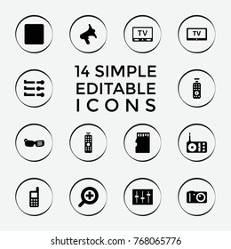 Set of 14 media filled icons such as phone, smart glasses, radio, volume, stop, sliders, slider, camera, memory card, zoom in, tv