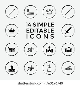 Set of 14 medieval filled and outline icons such as castle, crown, sword, helmet, spear, cannon, castle tower